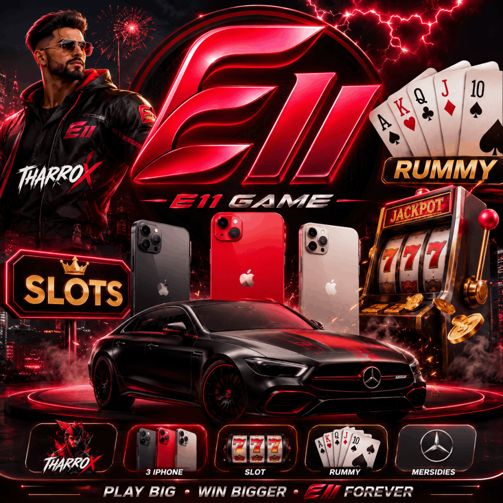 E11 Game homepage featuring E11 App, E11 APK Download, E11 Login, Slot Games, Rummy, Poker, Sports Betting, Casino Games, Crash Games, Fishing Games, Lottery, and Live Casino on a premium online gaming platform.